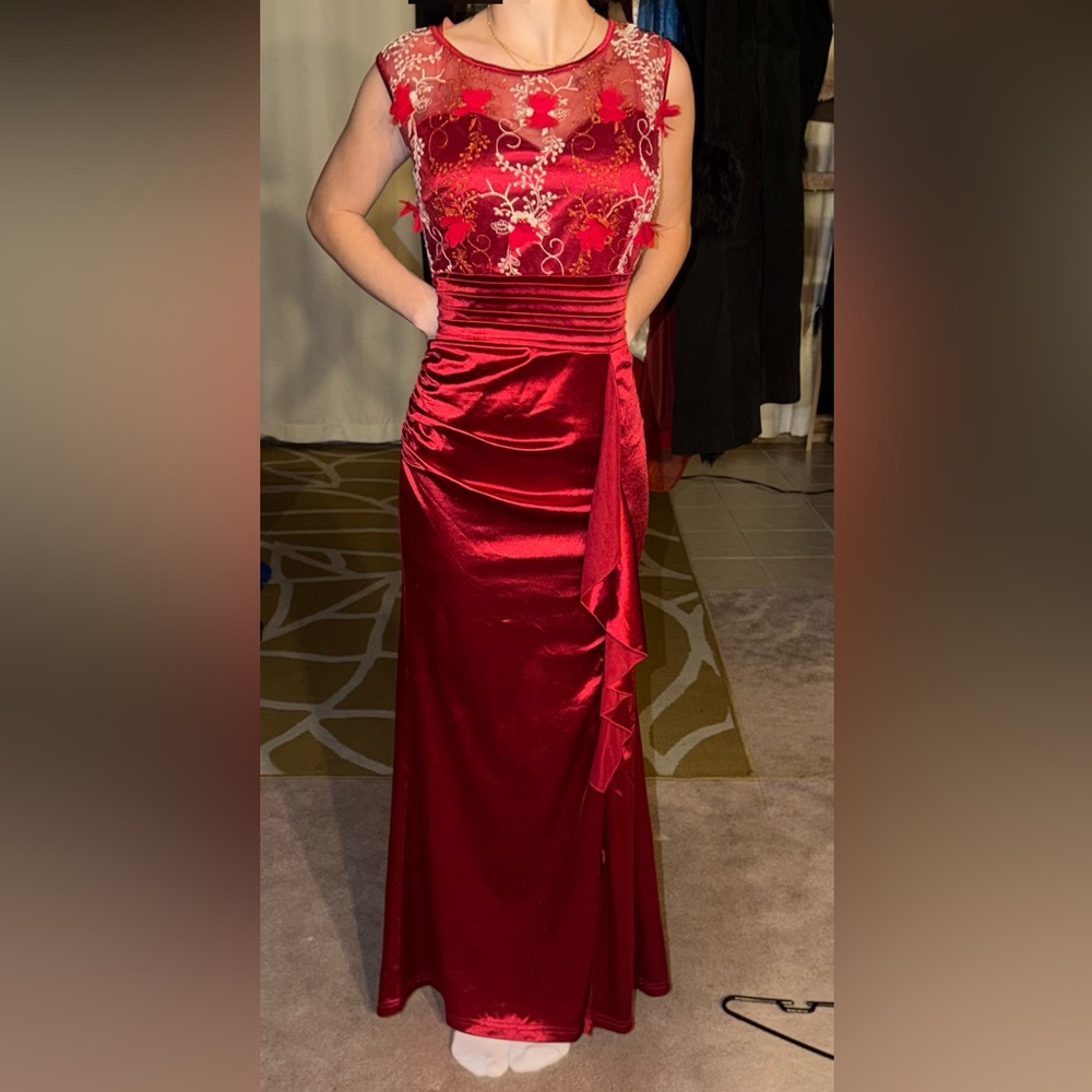 Embroidered Satin Evening Gown in Deep Berry